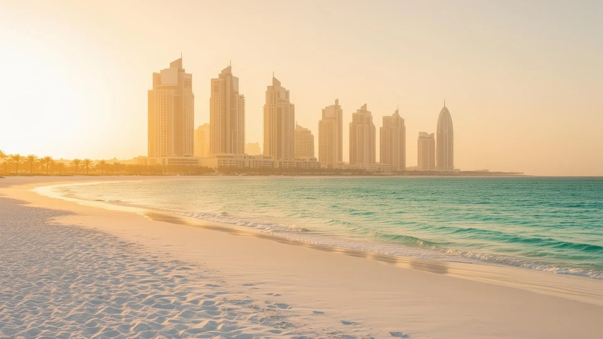 Pobřeží Abu Dhabi se západem slunce a luxusními rezidenčními věžemi